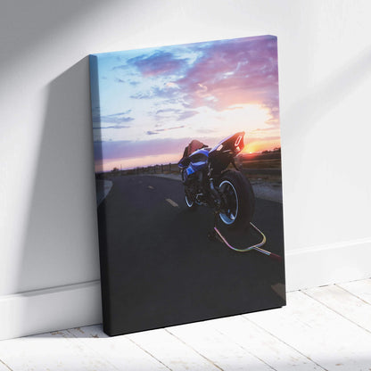 Yamaha R1 motorcycle canvas art with sunset sky on vertical wall art print.