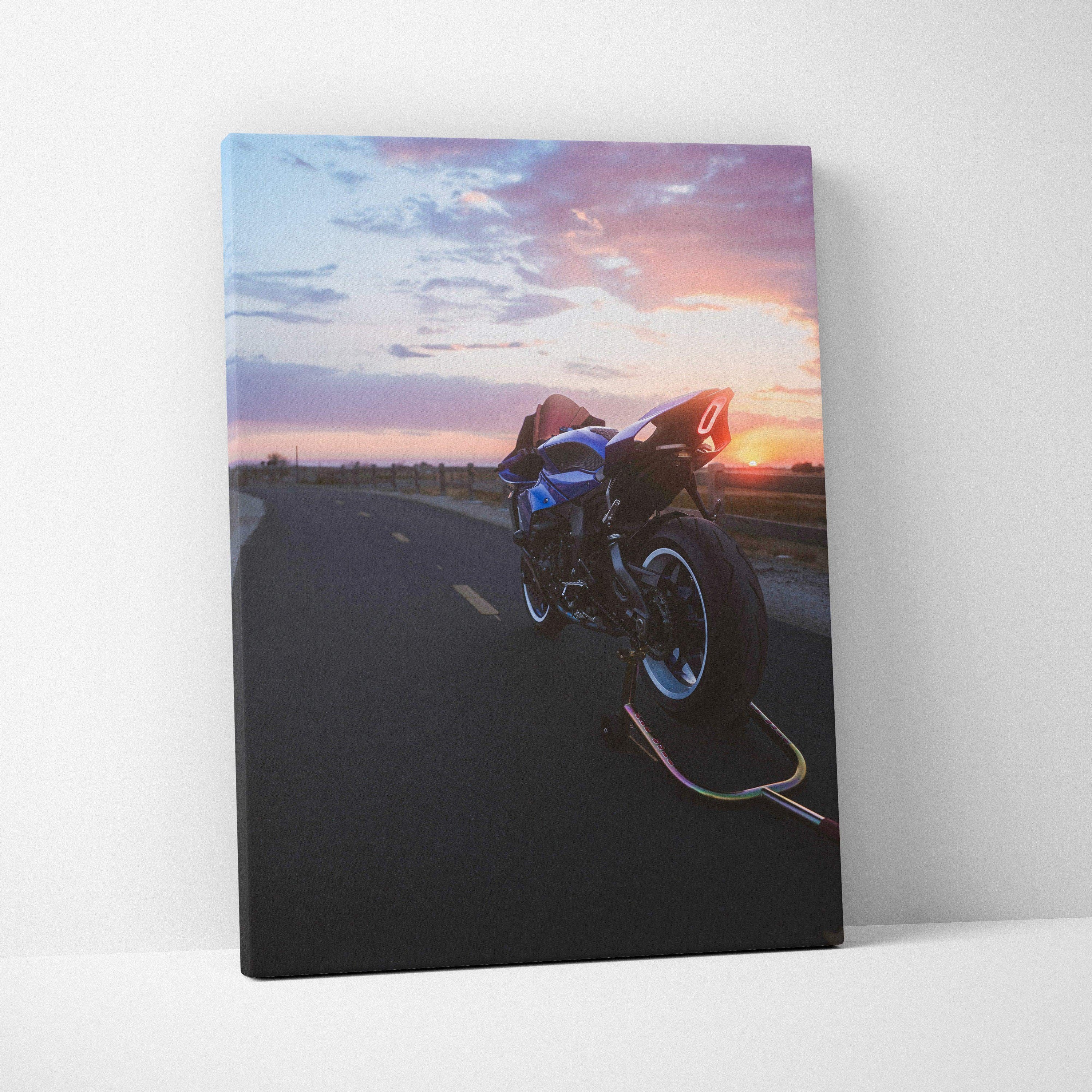 Yamaha R1 motorcycle sunset canvas wall art in vertical museum-quality print.