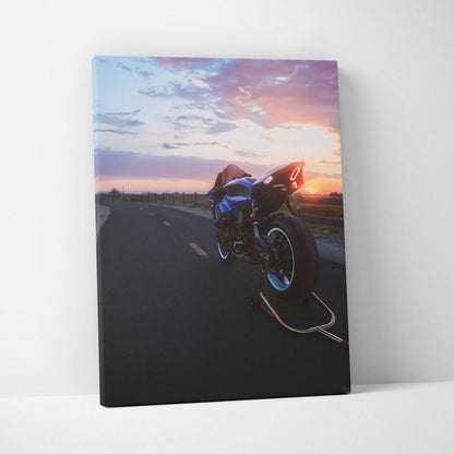 Yamaha R1 motorcycle sunset canvas wall art in vertical museum-quality print.