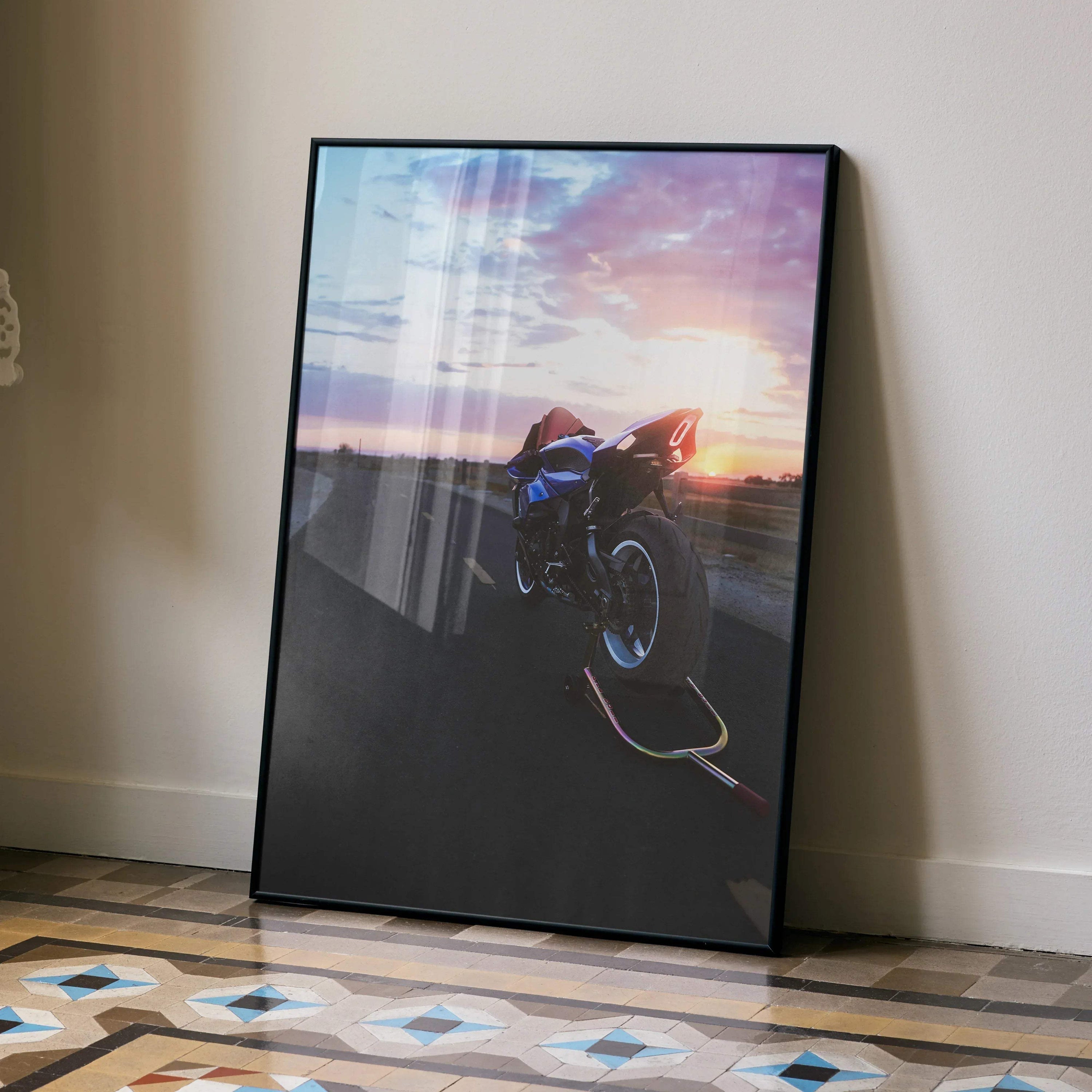 Yamaha YZF-R1 motorcycle poster with vibrant sunset sky, modern wall art print.
