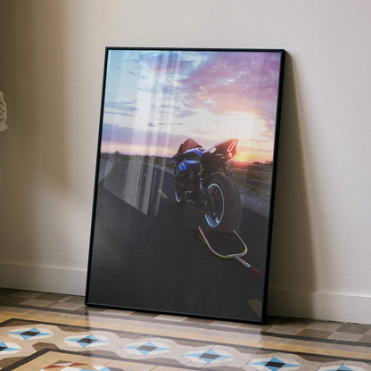 Yamaha YZF-R1 motorcycle poster with vibrant sunset sky, modern wall art print.