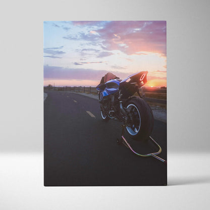 Yamaha R1 motorcycle canvas art with sunset road background, vertical wall art print.