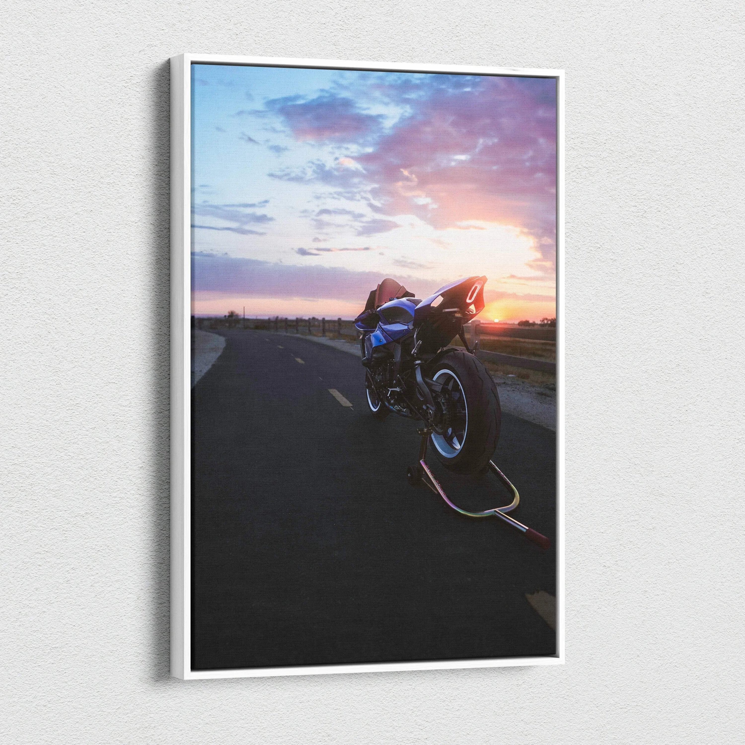 Yamaha R1 motorcycle canvas art with sunset background, vertical wall art print.