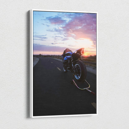 Yamaha R1 motorcycle canvas art with sunset background, vertical wall art print.