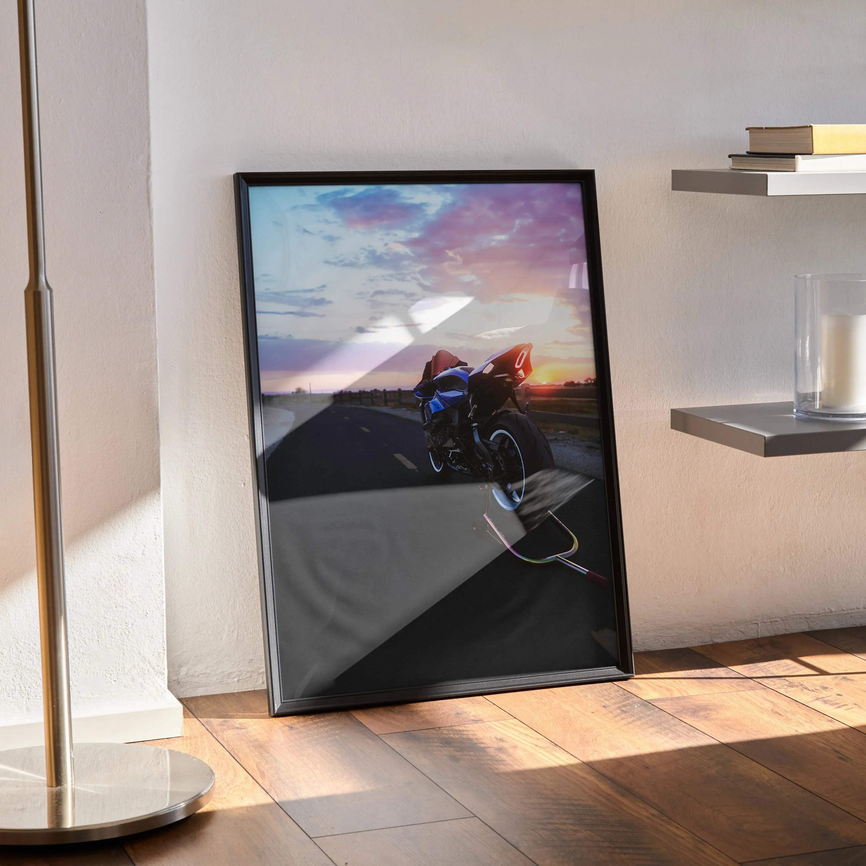 Yamaha YZF-R1 motorcycle wall art poster with sunset background in sleek black frame.