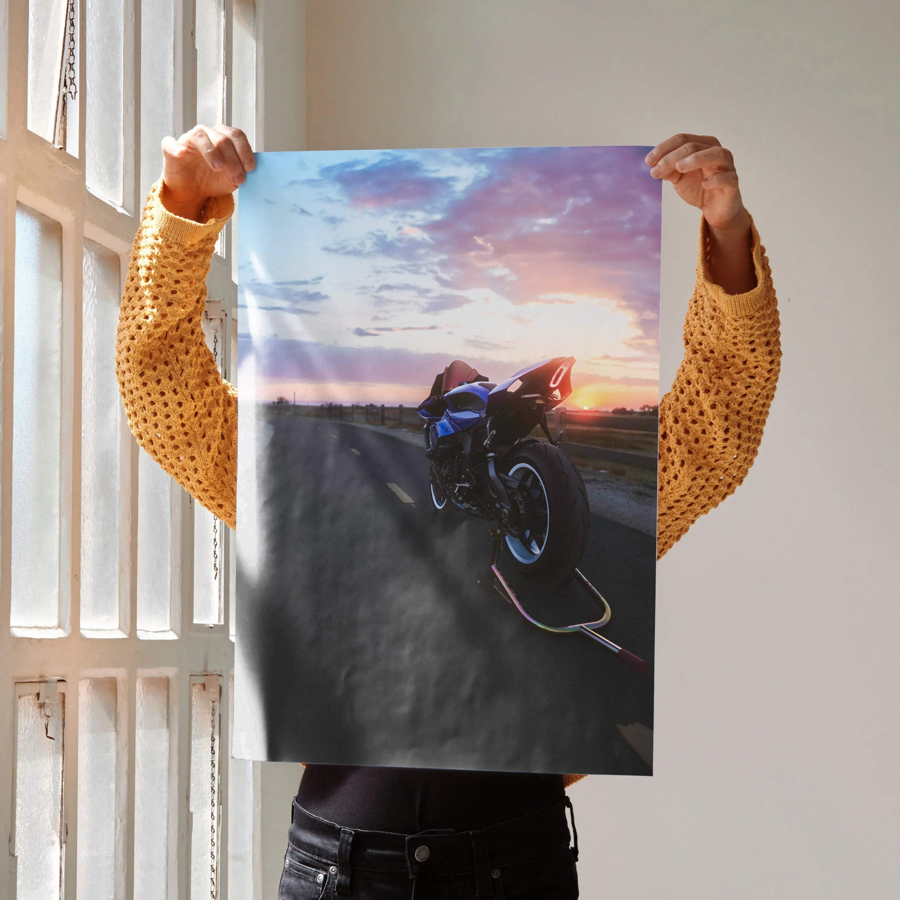 Yamaha YZF-R1 motorcycle on open road at sunset poster wall art print.
