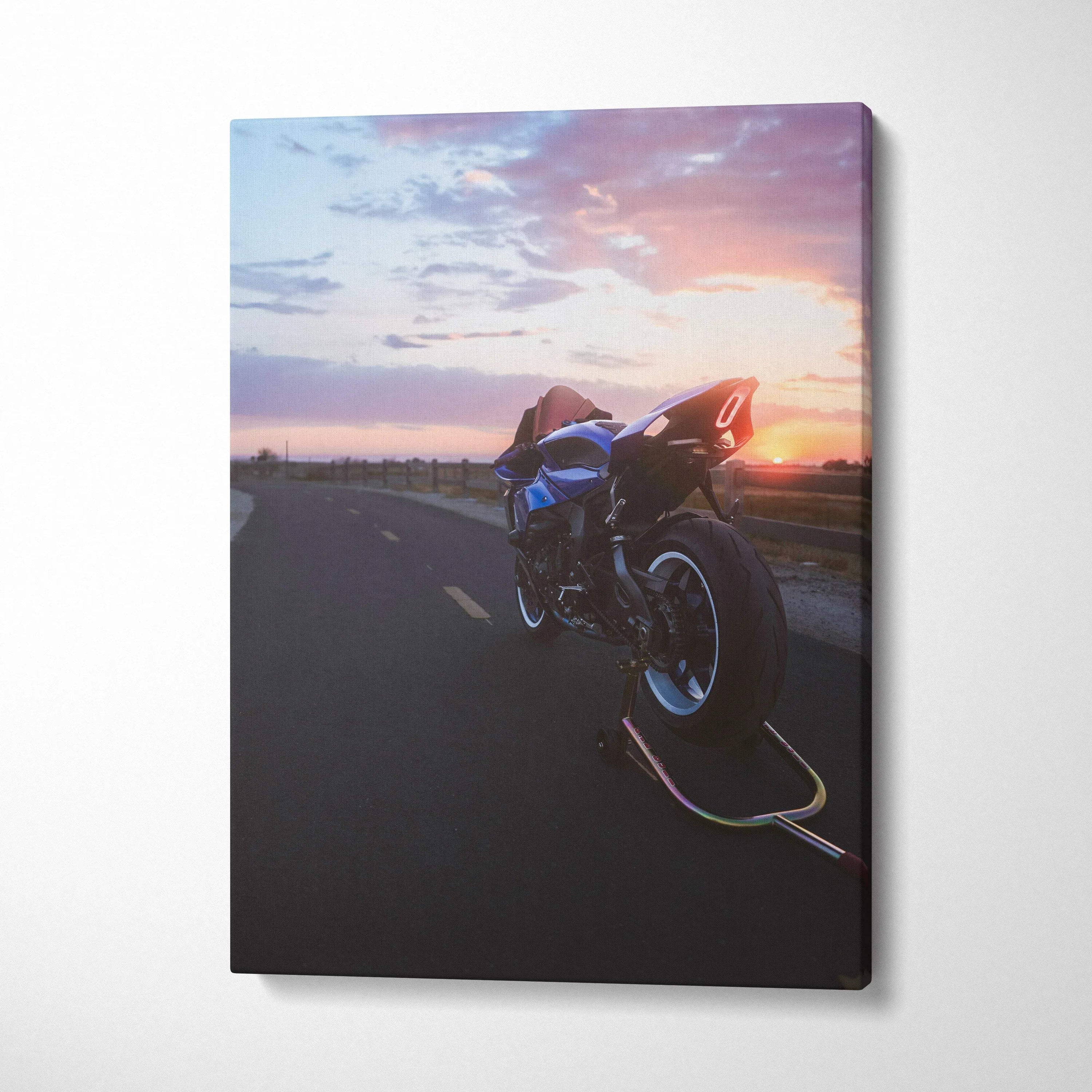 Yamaha R1 motorcycle at sunset on vertical canvas wall art with vibrant colors and detailed print.