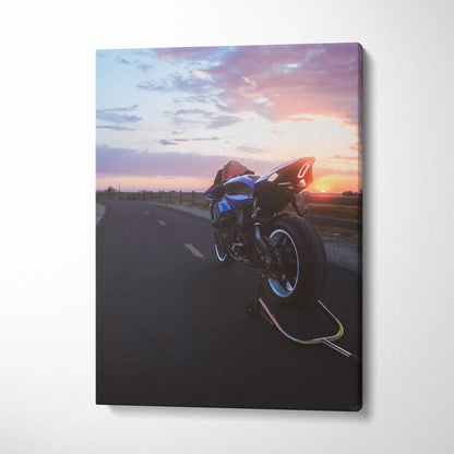 Yamaha R1 motorcycle at sunset on vertical canvas wall art with vibrant colors and detailed print.