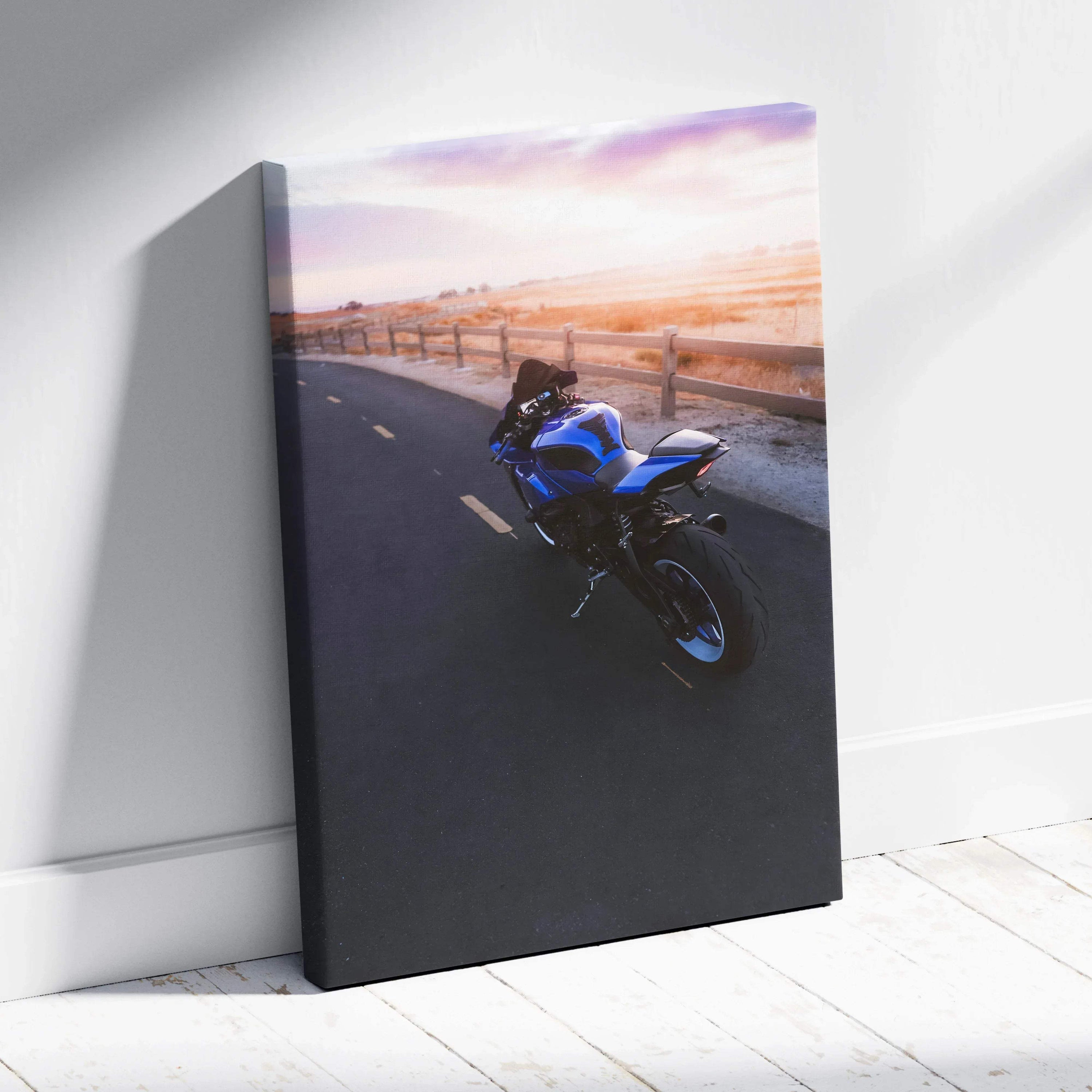 Yamaha R1 motorcycle on road at sunset vertical canvas wall art print.