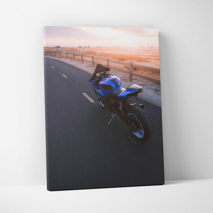 Yamaha R1 motorcycle on road at sunset canvas wall art with vibrant colors and detailed print.