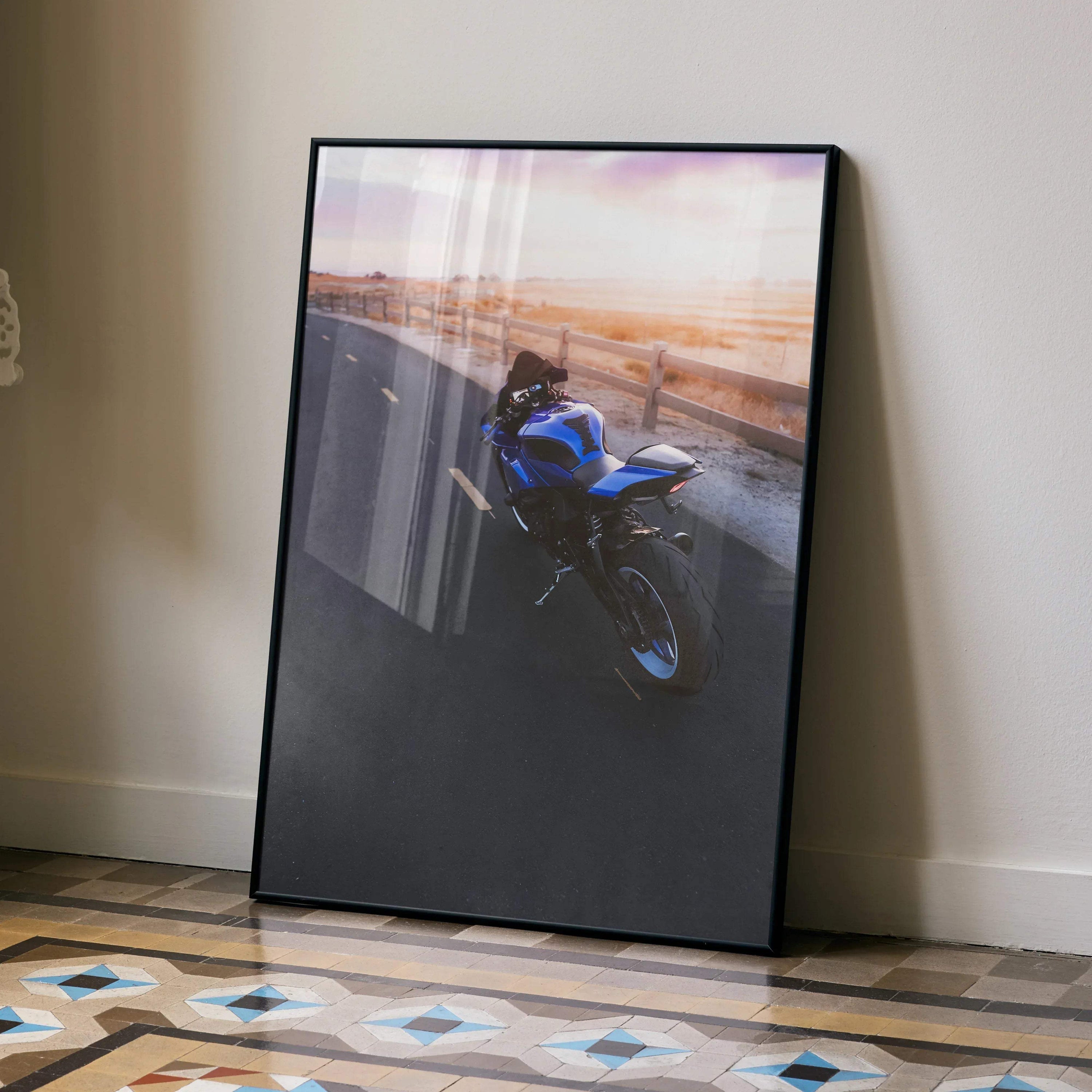 Yamaha YZF-R1 motorcycle poster with blue bike at sunset, modern wall art in black frame.