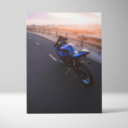 Yamaha R1 motorcycle on road at sunset vertical canvas wall art print.
