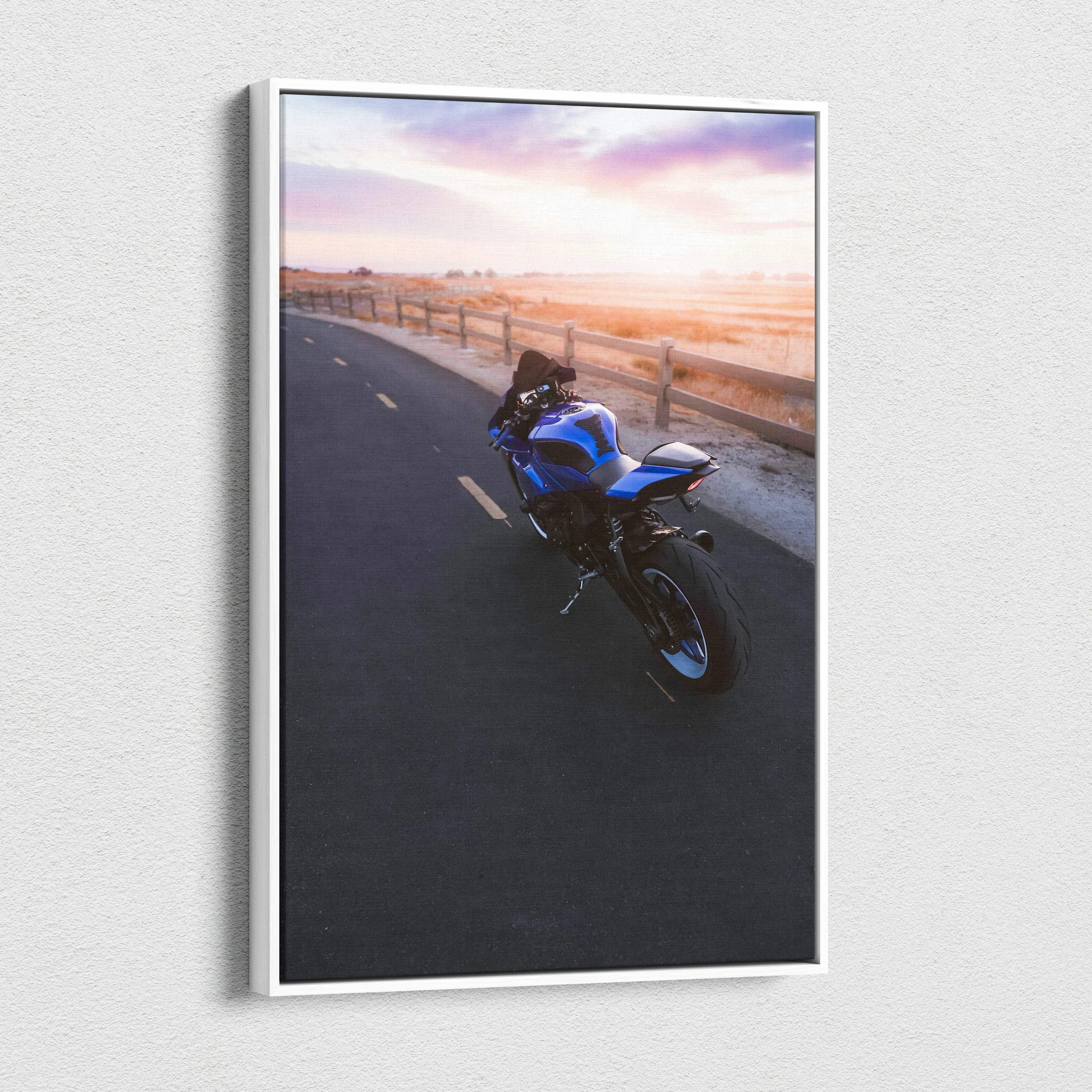 Yamaha R1 motorcycle on road at sunset vertical canvas wall art with scenic background.