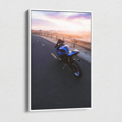 Yamaha R1 motorcycle on road at sunset vertical canvas wall art with scenic background.