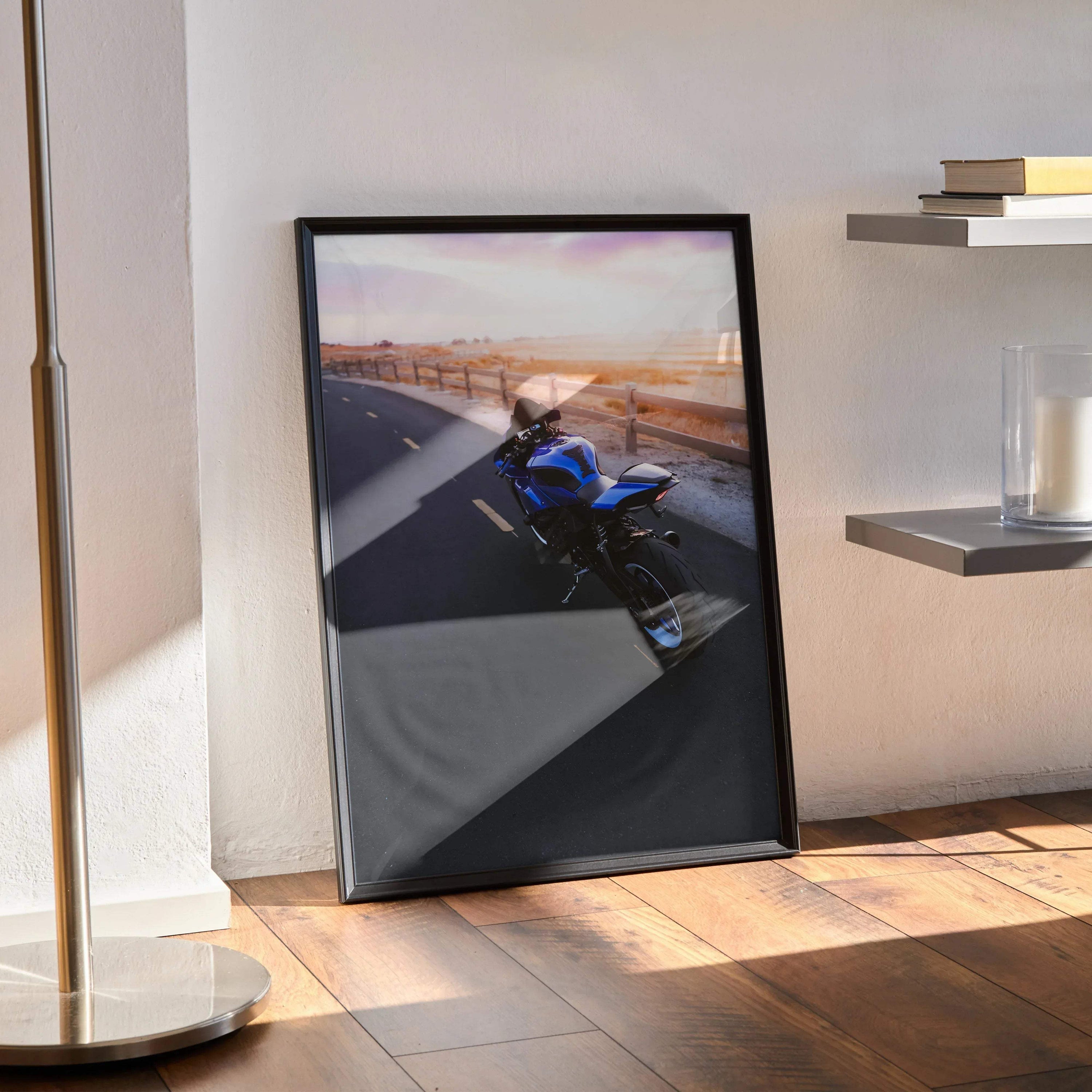 Yamaha YZF-R1 motorcycle poster with sunset background framed as stylish wall art.