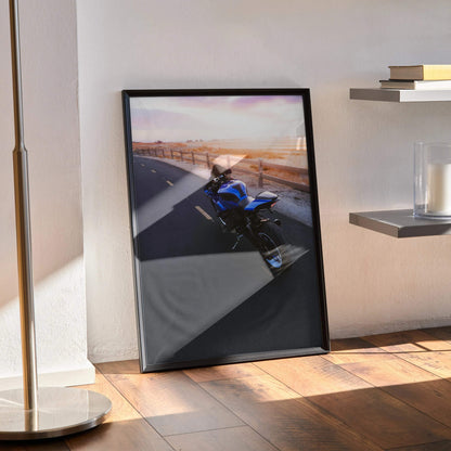 Yamaha YZF-R1 motorcycle poster with sunset background framed as stylish wall art.