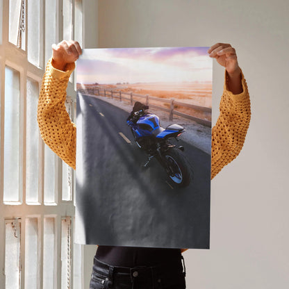 Yamaha YZF-R1 motorcycle poster on road at sunset, stylish wall art for home décor.