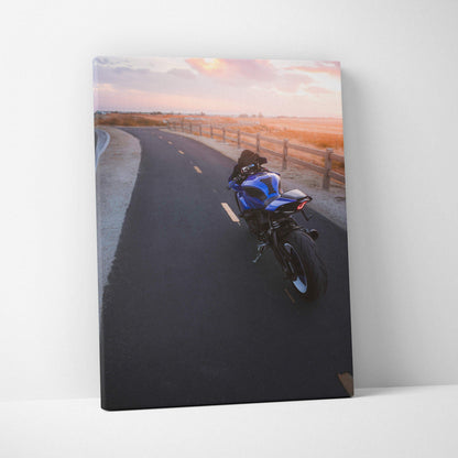 Yamaha R1 motorcycle on winding road at sunset canvas wall art vertical print.
