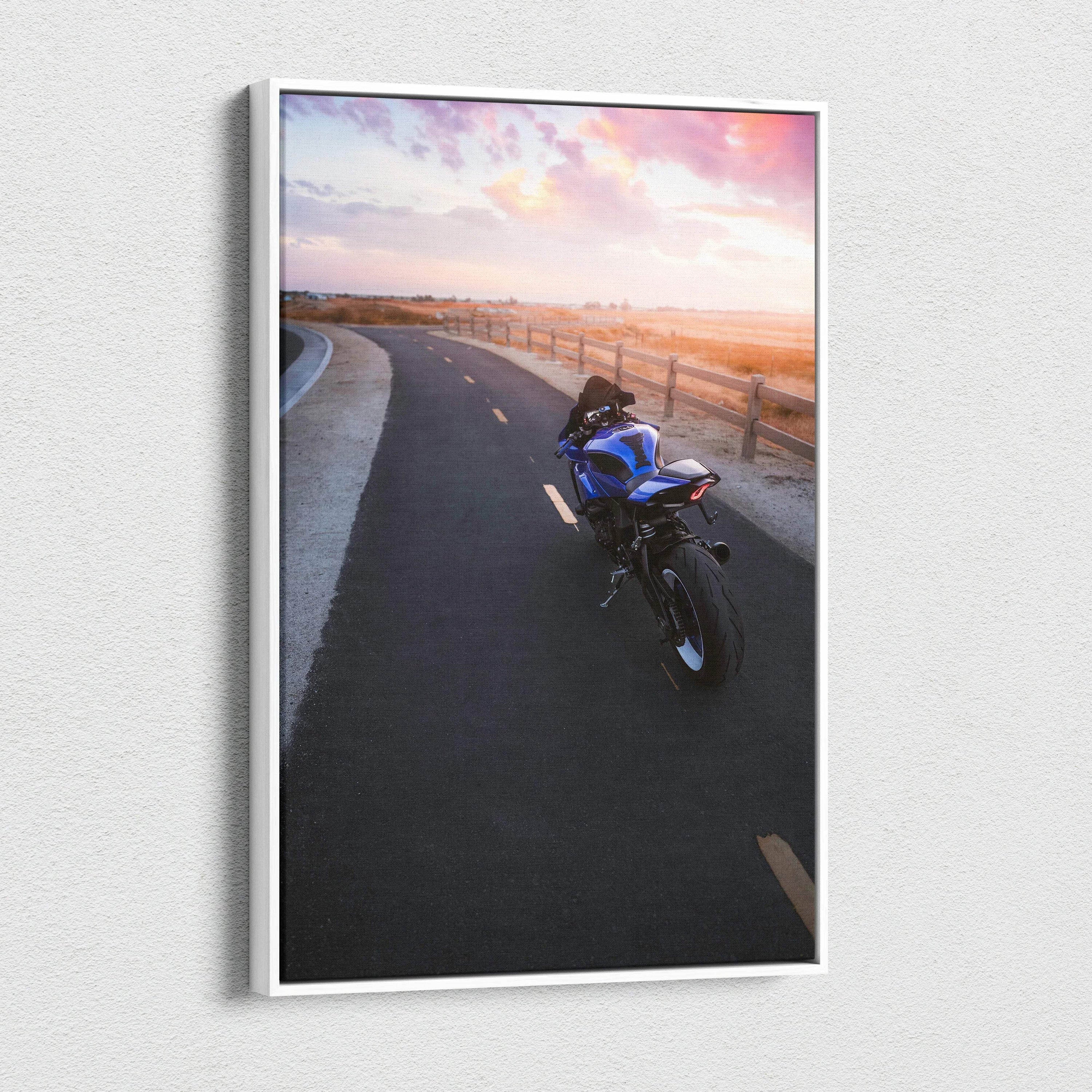 Yamaha R1 motorcycle on sunset road canvas wall art with vibrant sky colors.