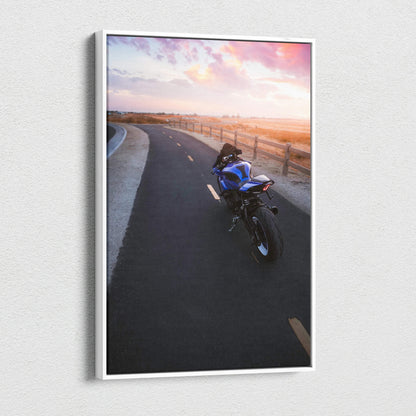 Yamaha R1 motorcycle on sunset road canvas wall art with vibrant sky colors.