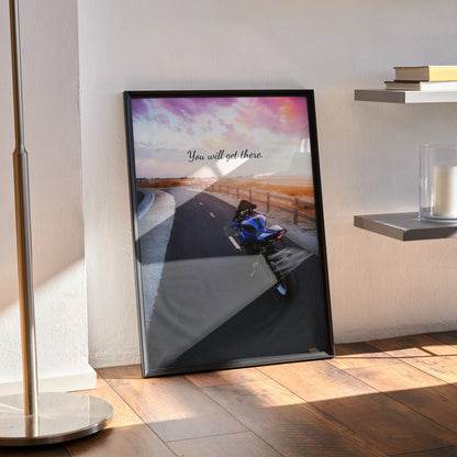 Motivational Yamaha R1 motorcycle poster with sunset road scene and inspirational text, framed wall art.