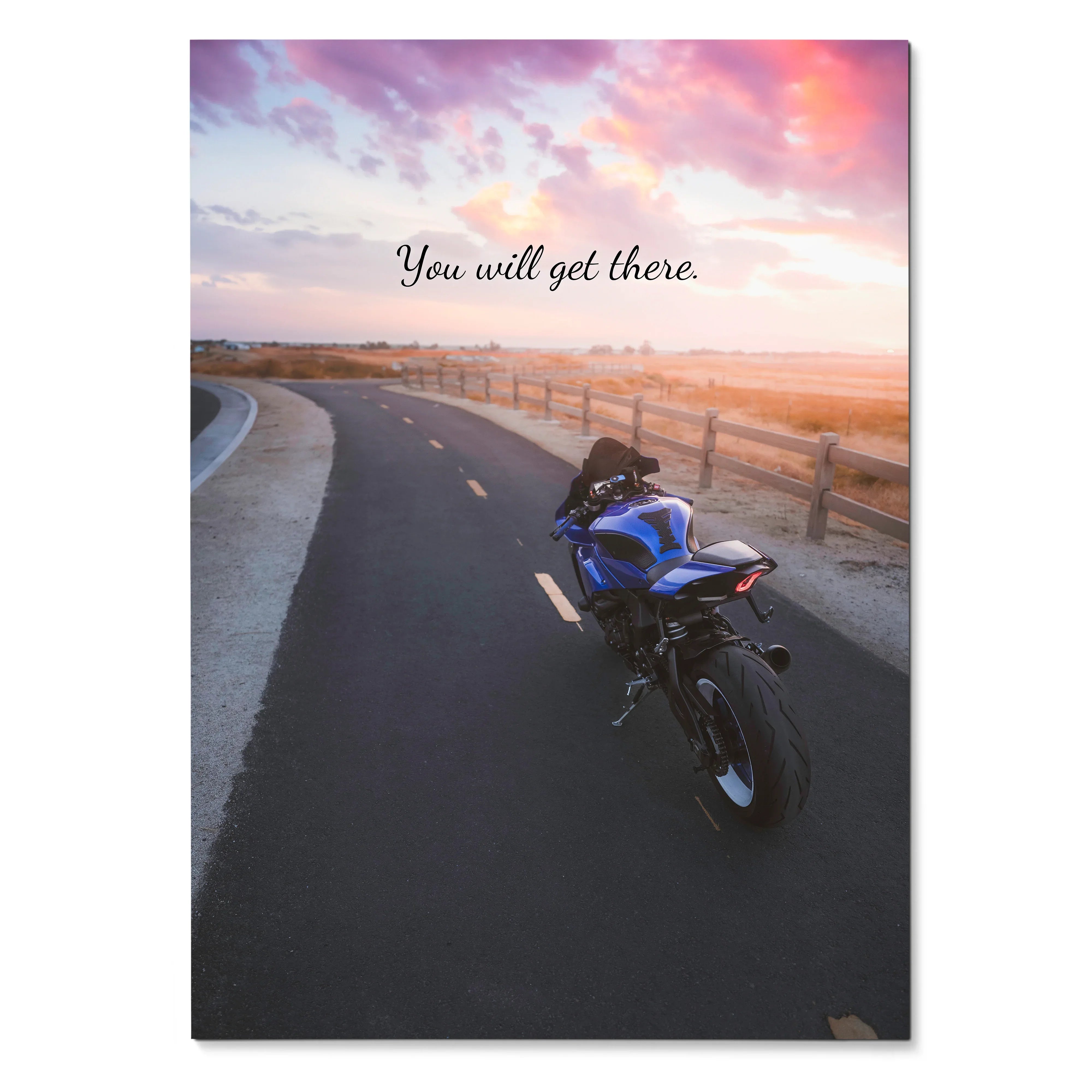 Yamaha R1 motorcycle on open road at sunset motivational poster wall art with "You will get there" text.