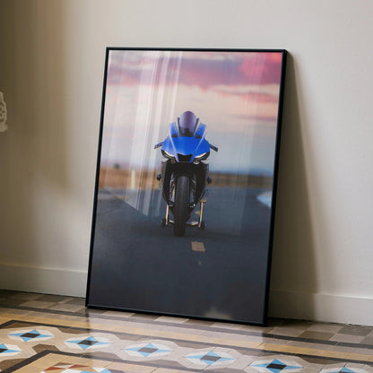 YZF-R1 blue motorcycle poster leaning against wall with sunset road background wall art.