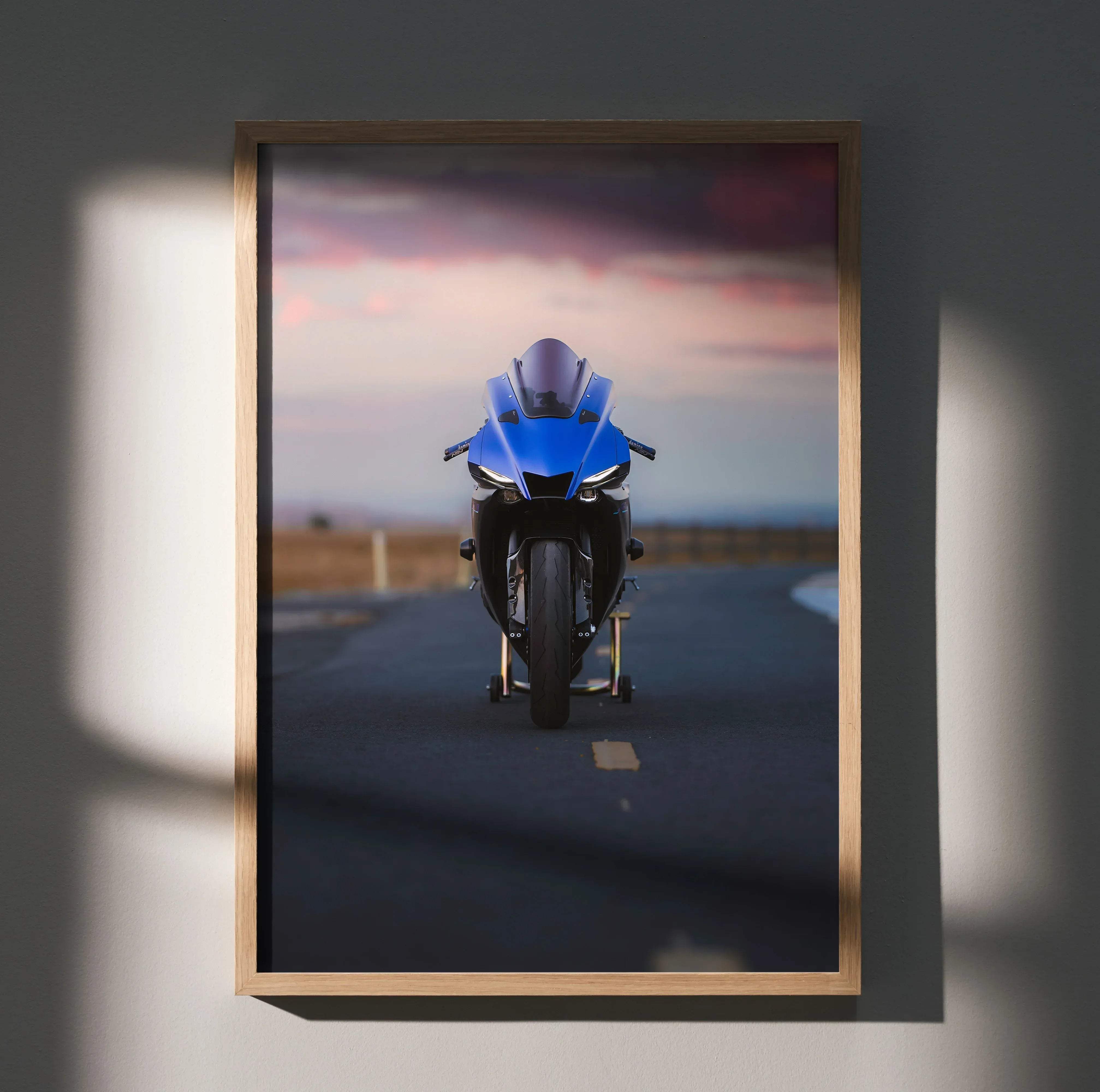 Blue sport motorcycle art print in a light wood frame stylish decor for bike lovers YZF-R1 motorcycle print