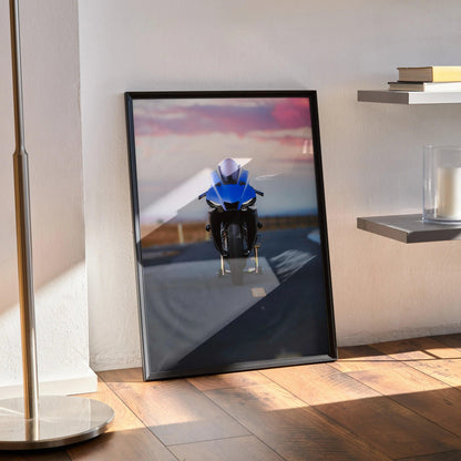 YZF-R1 blue motorcycle poster with sleek design leaning against wall, modern wall art decor.