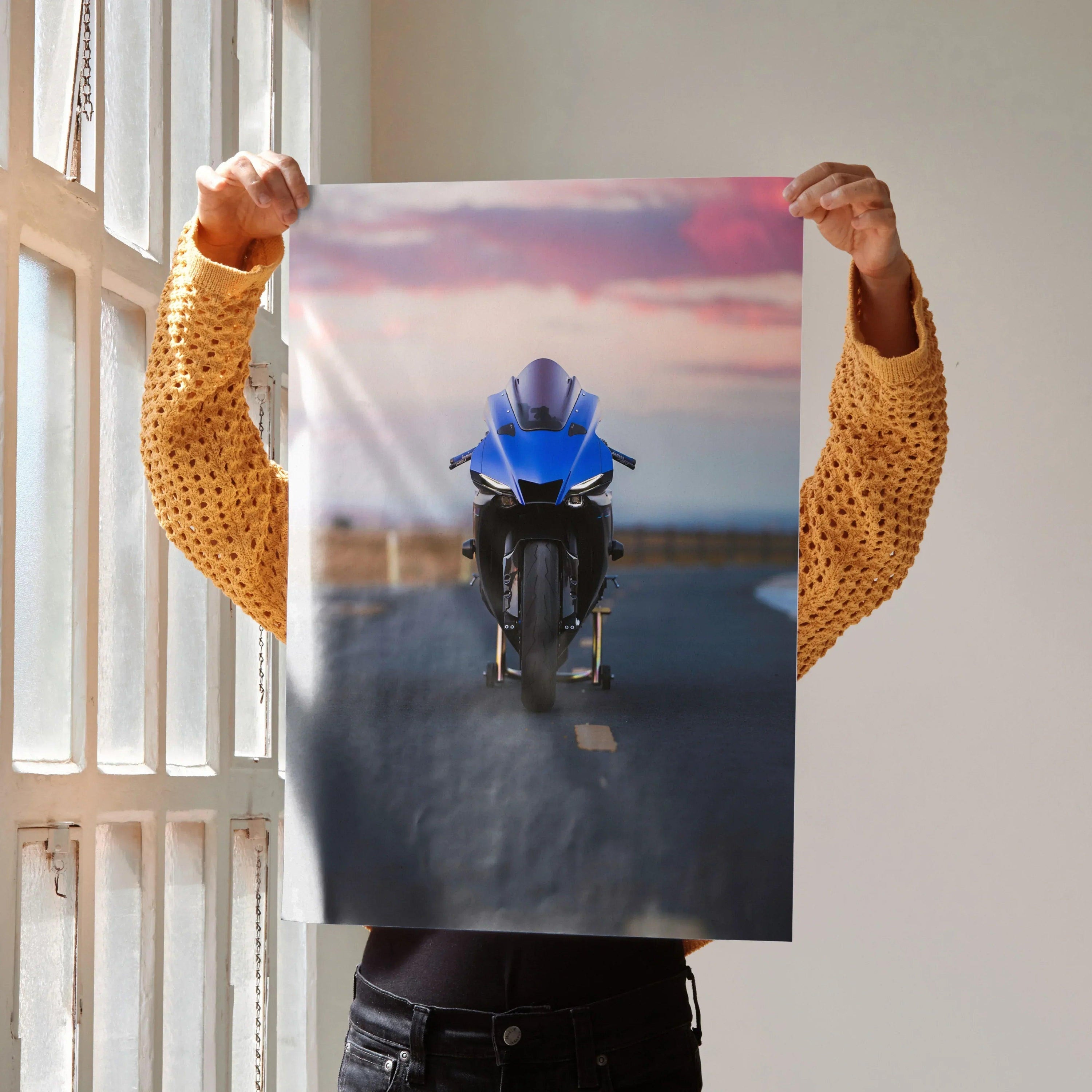 YZF-R1 motorcycle poster with blue bike facing forward on open road at sunset, stylish wall art.
