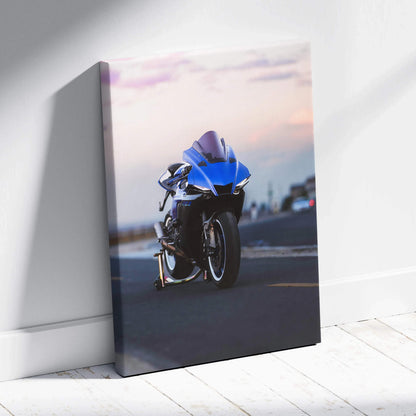 Yamaha R1 motorcycle canvas art with blue bike on road at sunset vertical wall art.