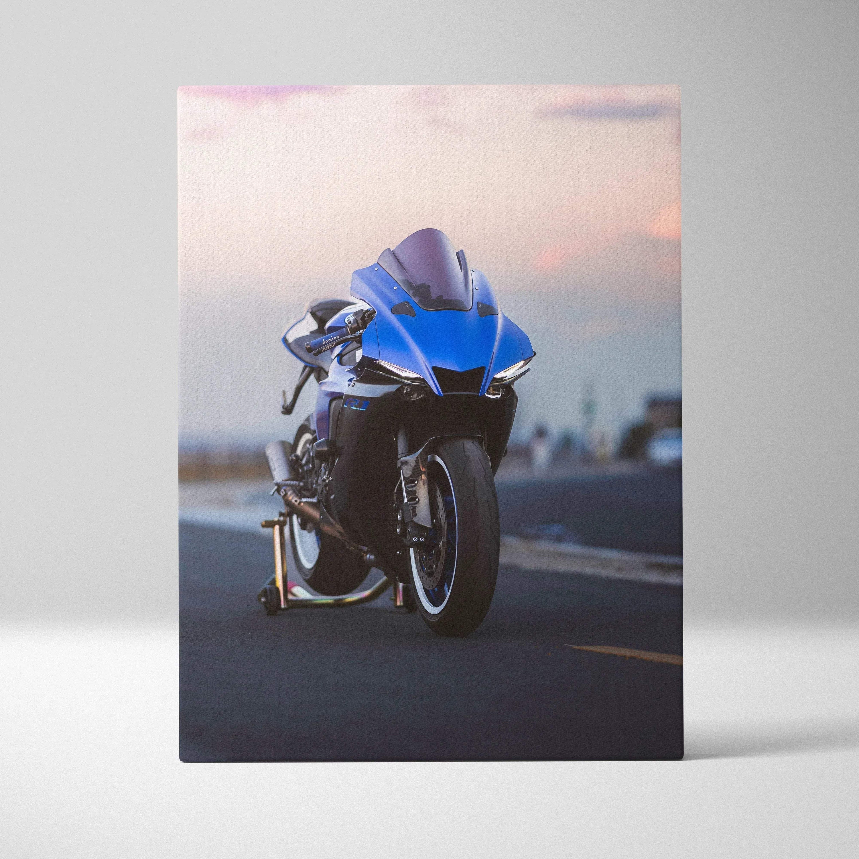Yamaha R1 blue sport motorcycle canvas art with soft sunset background vertical wall art.