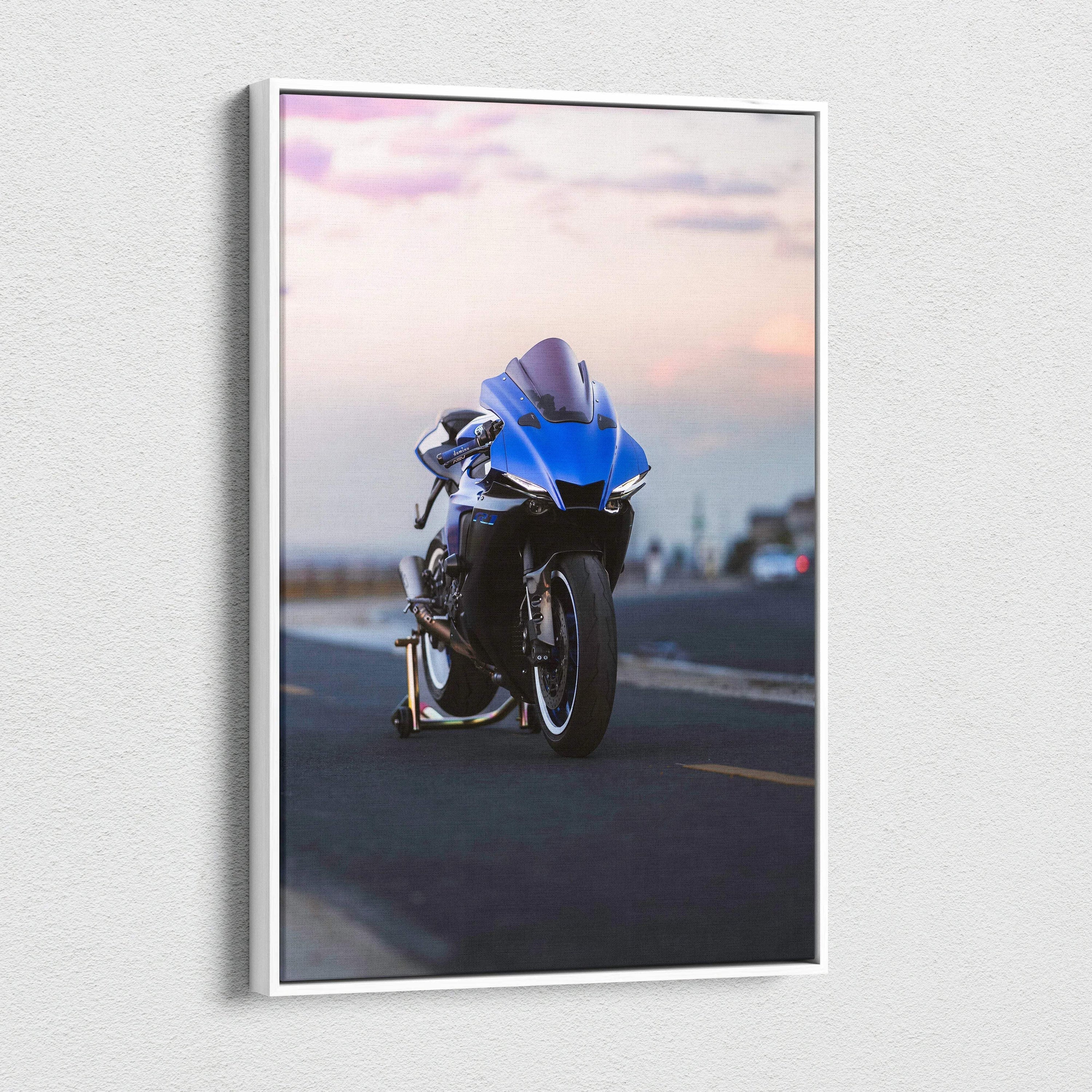 Yamaha R1 motorcycle canvas art in vertical format with soft pink and blue sky background wall art.