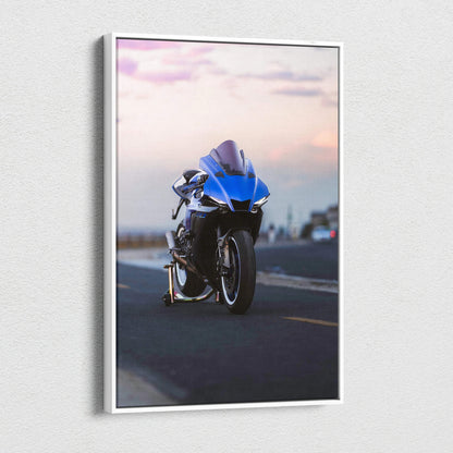 Yamaha R1 motorcycle canvas art in vertical format with soft pink and blue sky background wall art.