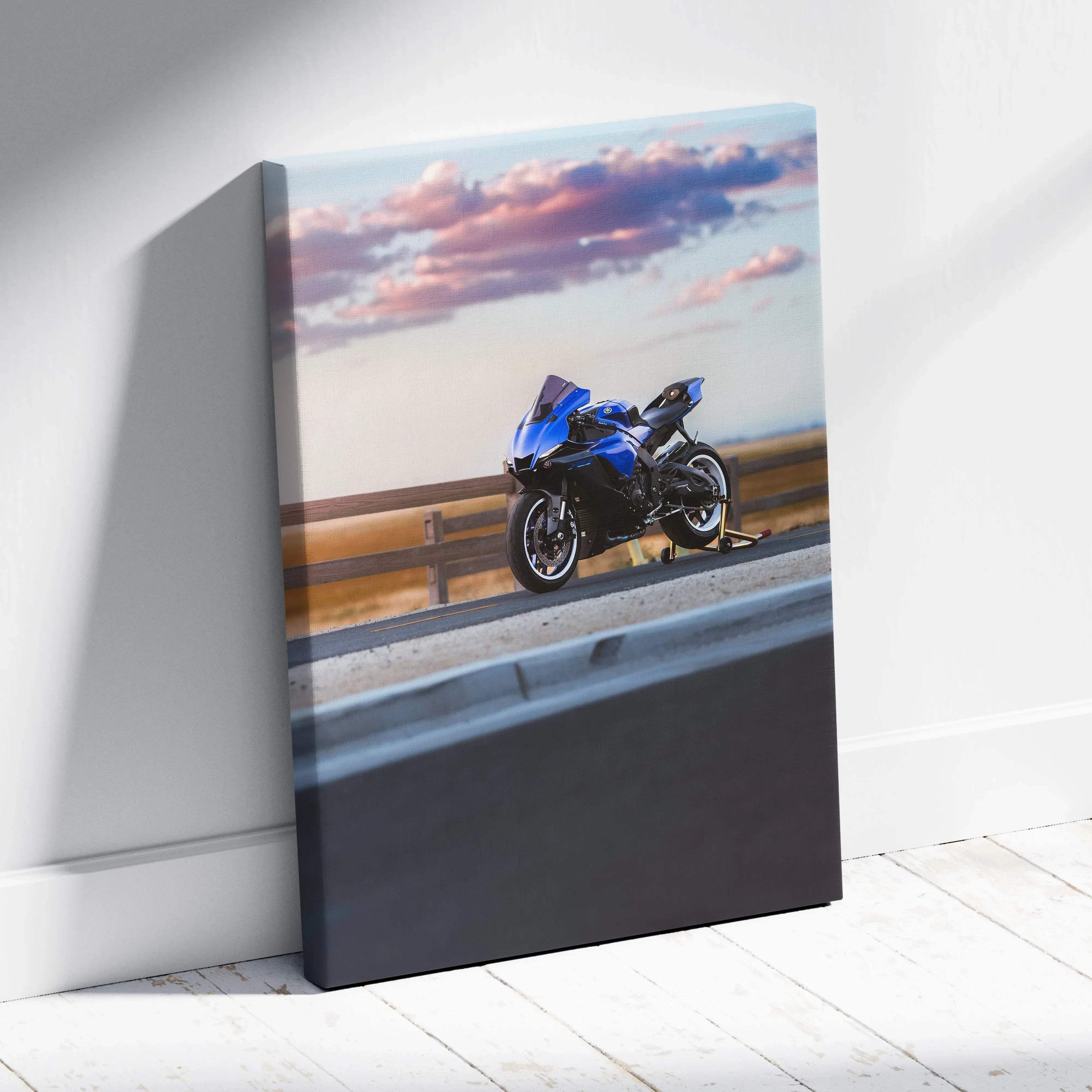 Yamaha R1 motorcycle canvas art showing blue bike on road with colorful sky background vertical wall art.