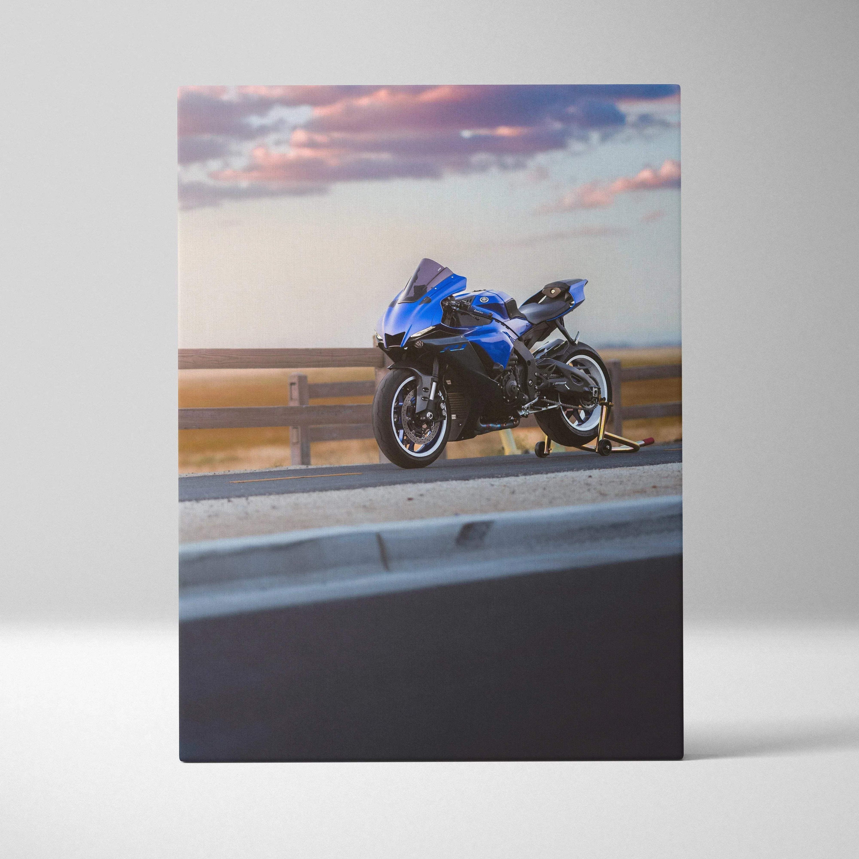 Yamaha R1 blue motorcycle canvas art with sunset sky, vertical wall art print.