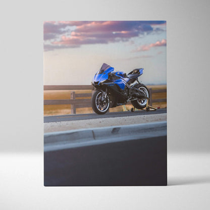 Yamaha R1 blue motorcycle canvas art with sunset sky, vertical wall art print.