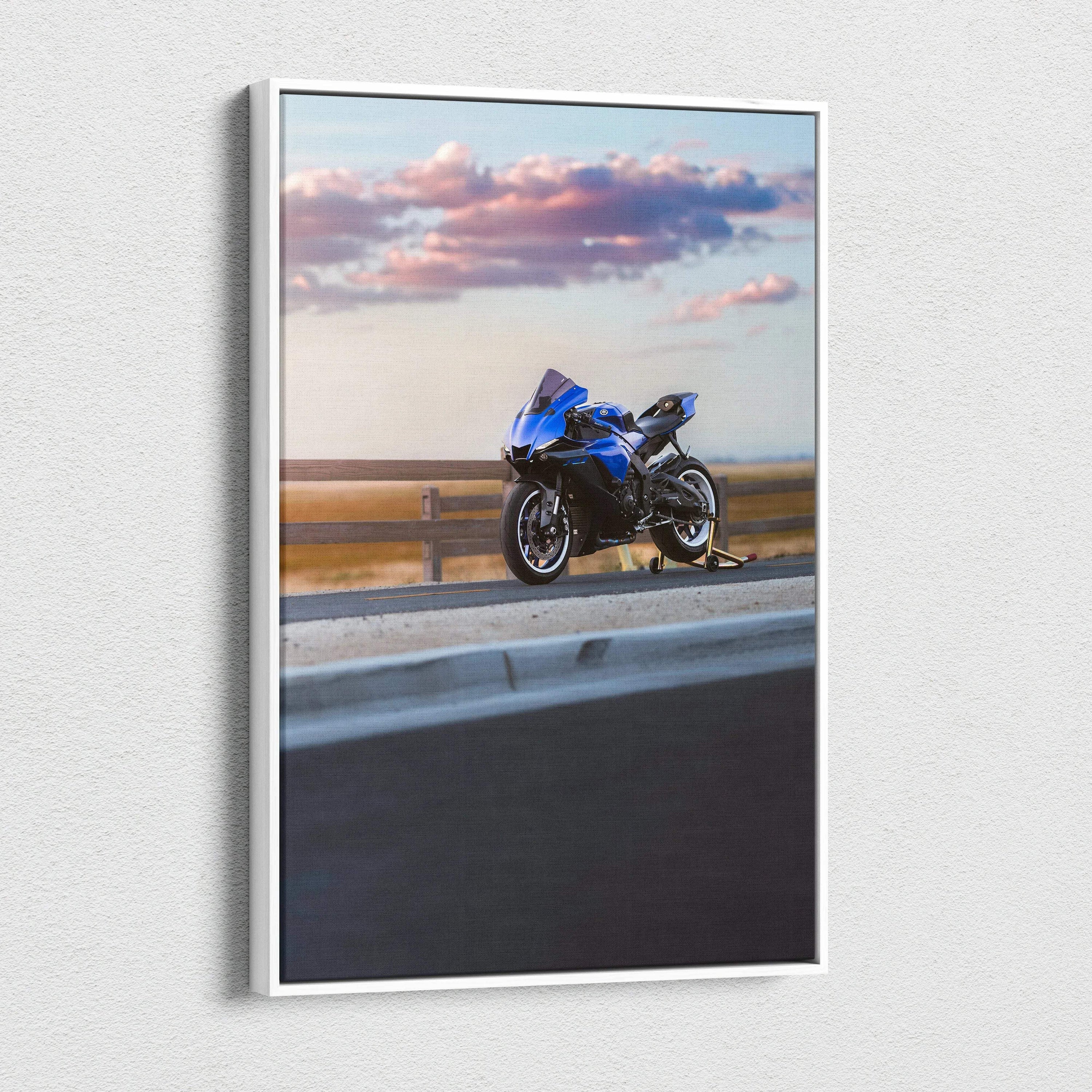 Yamaha R1 blue motorcycle on highway under cloudy sky canvas art wall art.