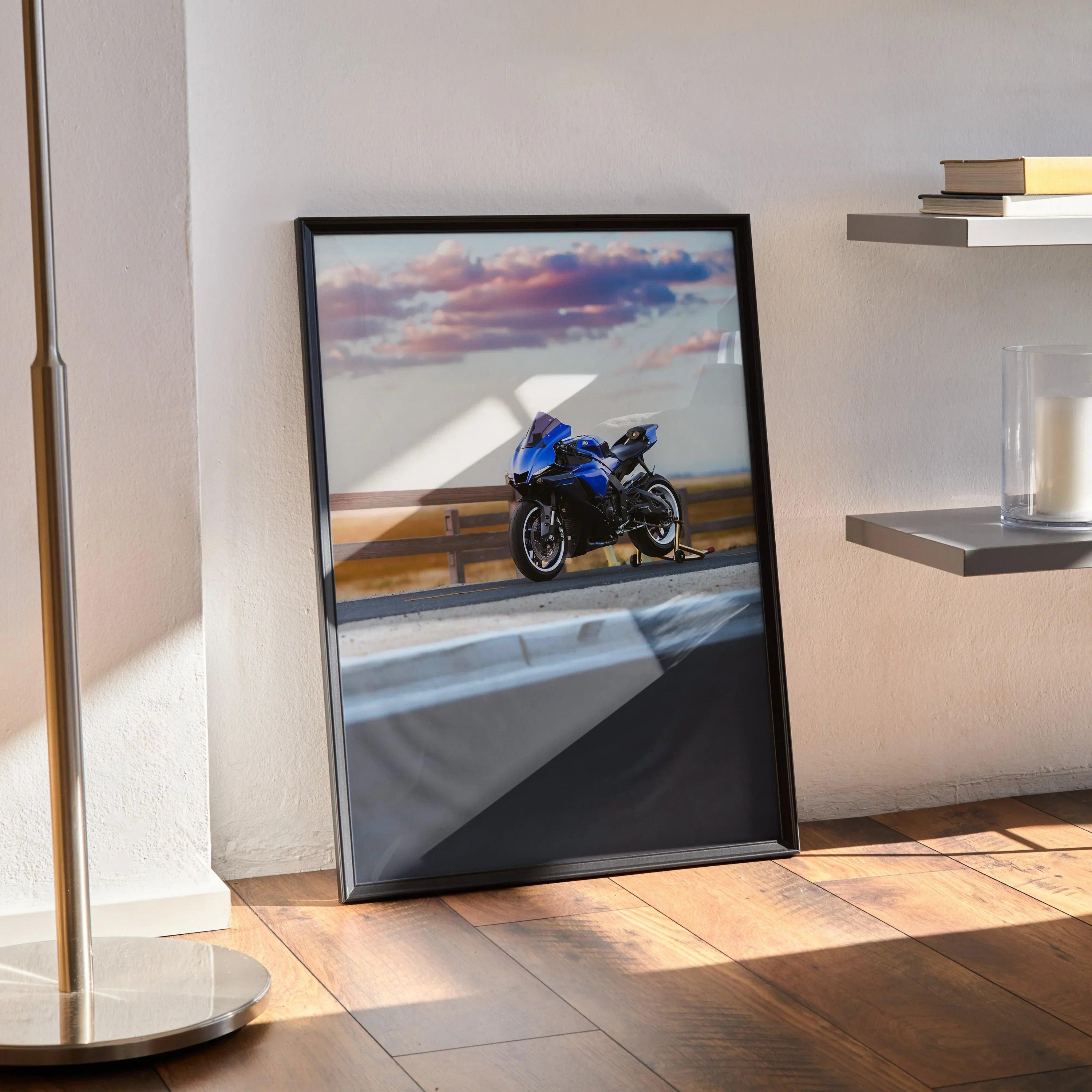 Yamaha YZF-R1 motorcycle wall art poster with blue bike on scenic road at sunset.