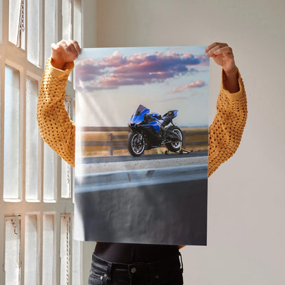 Yamaha YZF-R1 motorcycle on road with scenic sunset sky poster wall art.