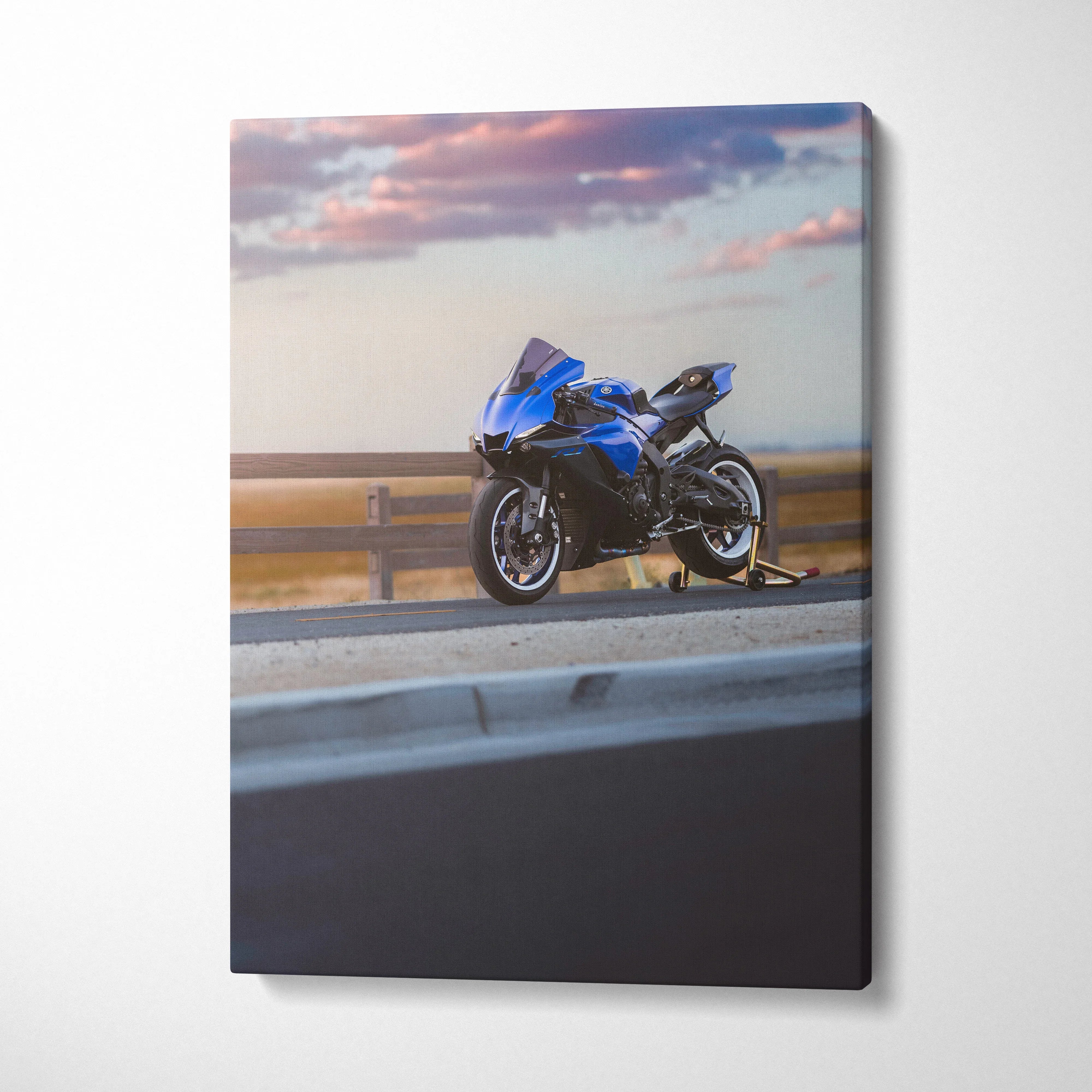 Yamaha R1 blue motorcycle on road sunset canvas art vertical wall art.
