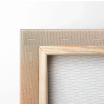 Close-up of natural wood frame and stretched canvas corner for vertical Yamaha R1 canvas wall art.