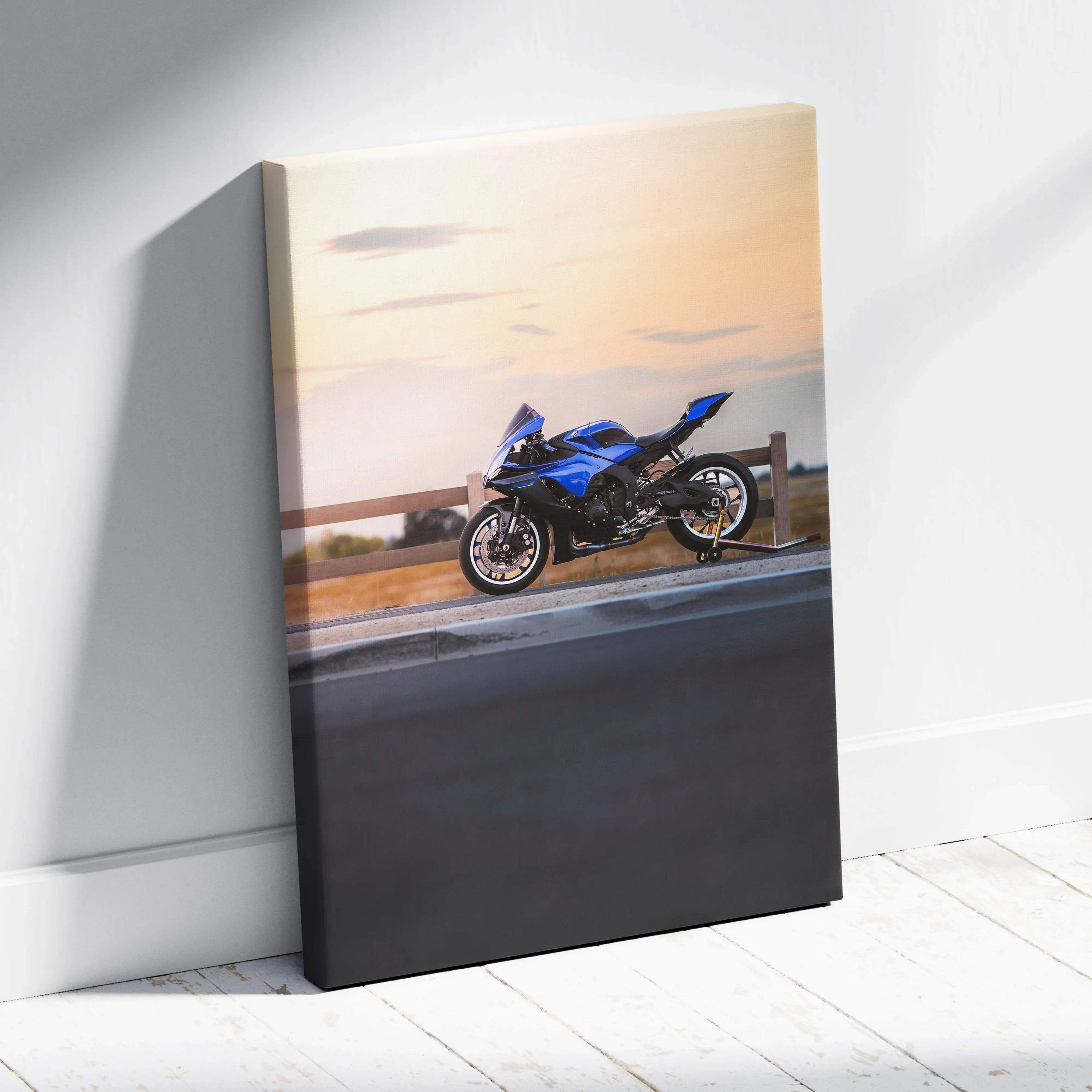 Yamaha R1 blue motorcycle on road at sunset canvas wall art vertical print.