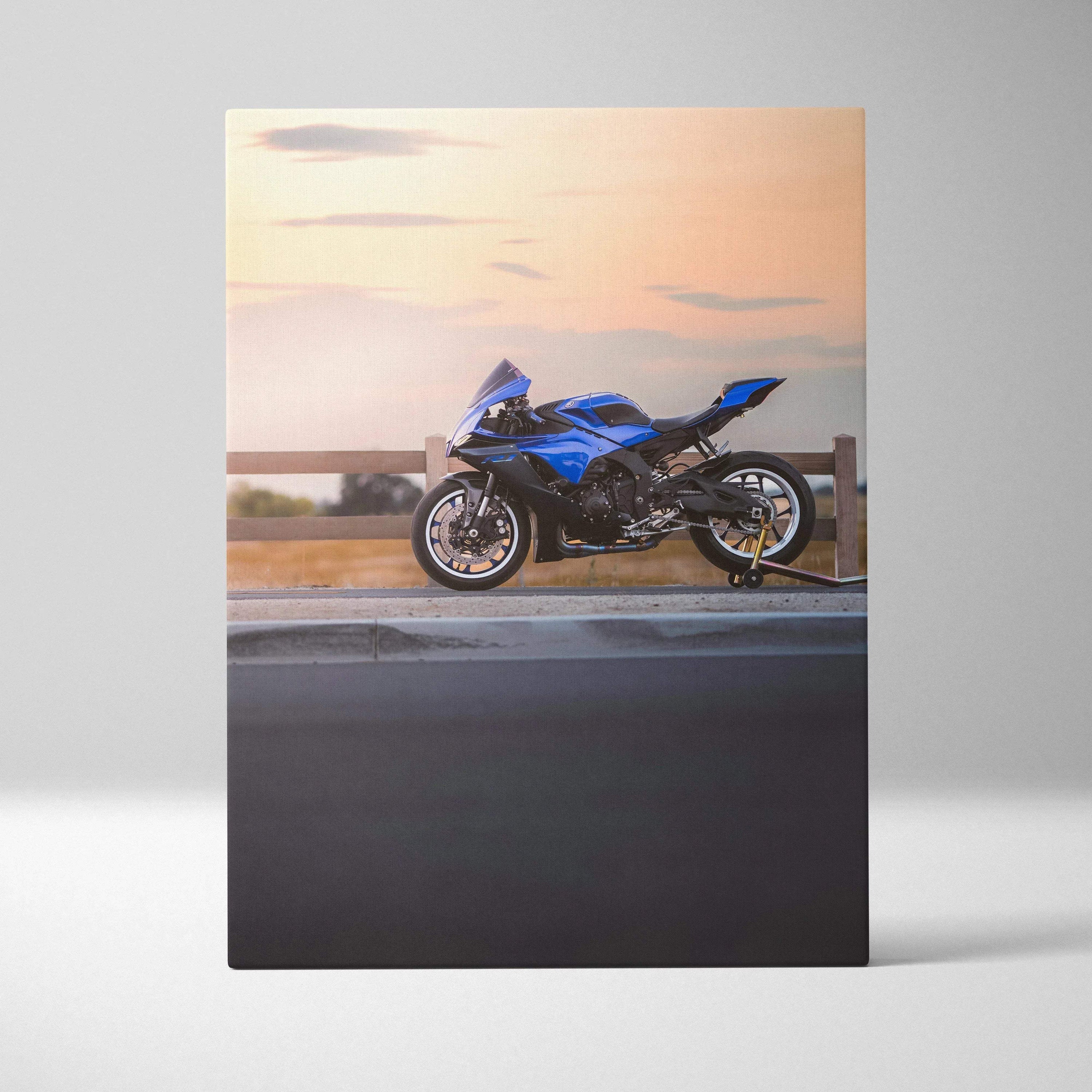 Blue Yamaha R1 motorcycle canvas art with sunset background vertical wall art.