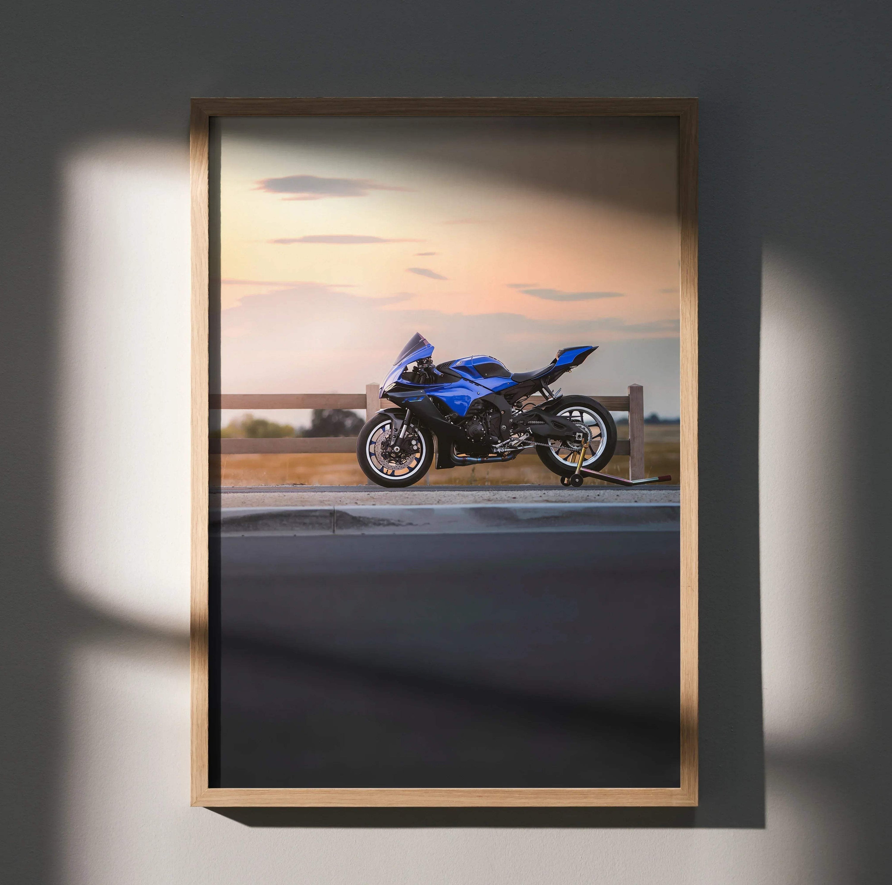 YZF-R1 blue Yamaha motorcycle poster with sunset background framed wall art.