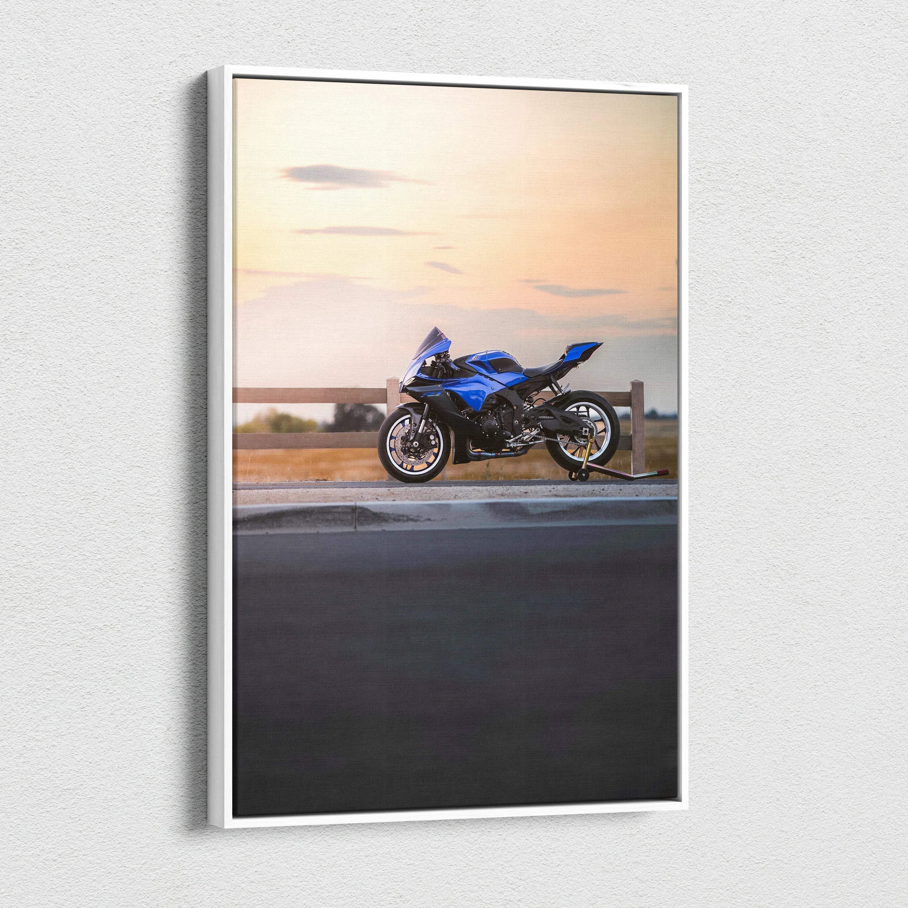 Yamaha R1 motorcycle blue sportbike canvas art wall art with sunset background.