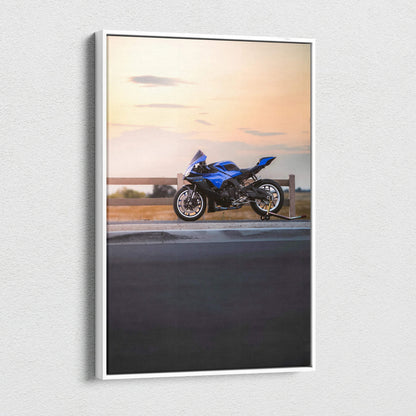 Yamaha R1 motorcycle blue sportbike canvas art wall art with sunset background.
