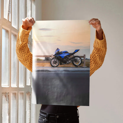 YZF-R1 blue motorcycle poster held up indoors with sunlight through window wall art.