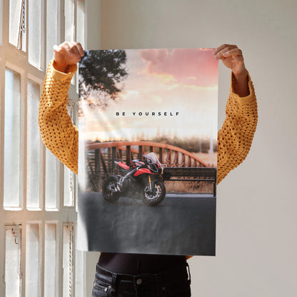 Motivational poster wall art featuring Aprilia RSV4 1100 Factory motorcycle with "Be Yourself" text.