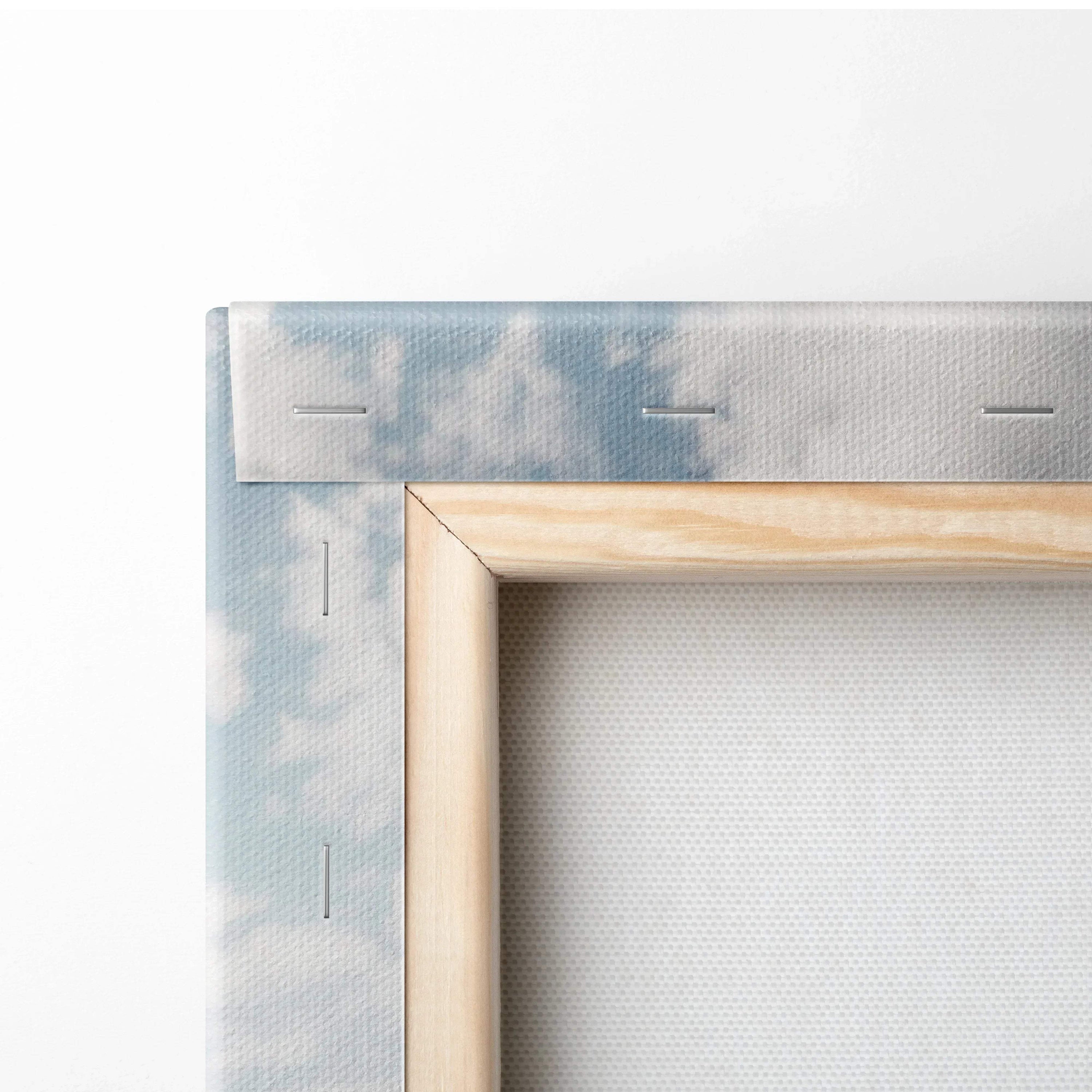 Close-up of wooden frame corner and stapled canvas for vertical Nissan 370z wall art canvas print.
